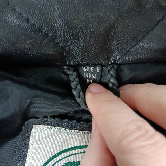 Green Field Leather Jacket Womens Medium MOTO Black Belted Motorcycle Grunge VTG - Picture 9 of 13